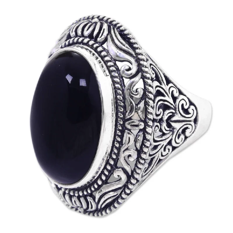 eleven-stone promise ring-Nonagonal gem ring-Handmade Sterling Silver 'Amed Eclipse' Onyx Ring (Indonesia) - Aqua