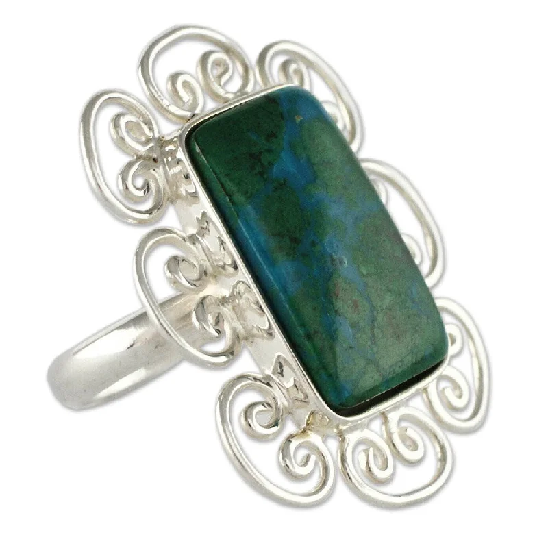 gothic-inspired bat claw ring-Tiered cut ring-Handmade Sterling Silver 'Andean Purity' Chrysocolla Ring (Peru)