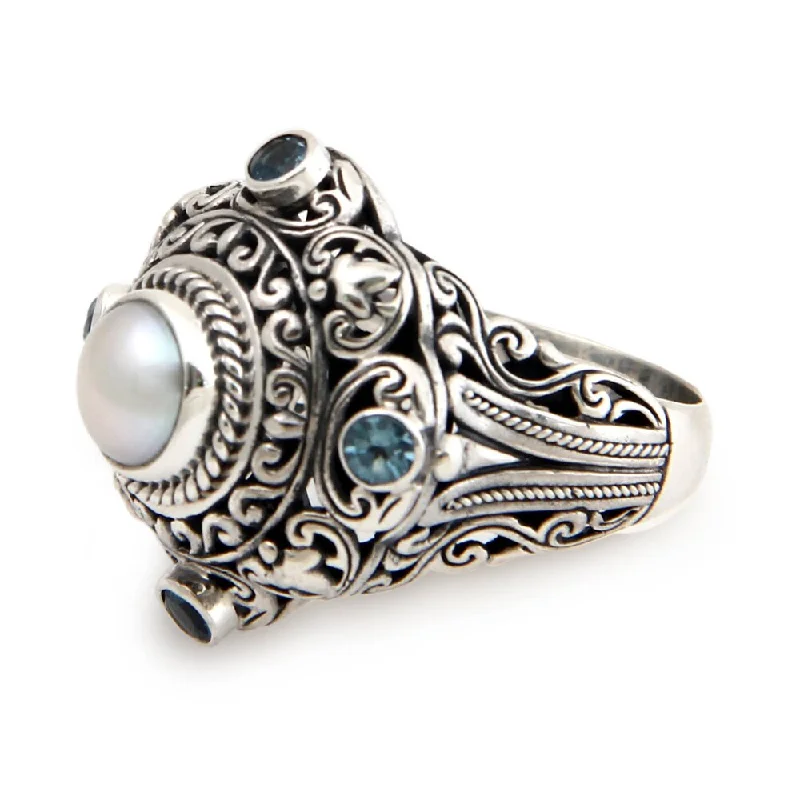 bohemian crest apex ring-Crumbled stone ring-Handmade Sterling Silver 'Mahameru' Pearl and Topaz Ring (8 mm) (Indonesia) - White