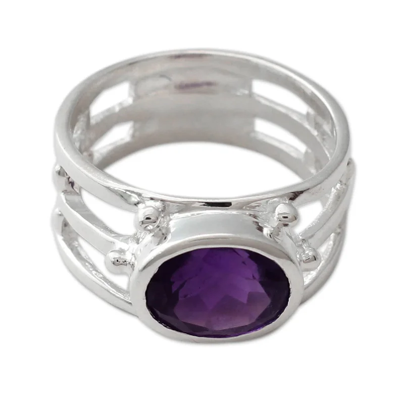 modern sculpted band ring-Ancient era ring-Handmade Sterling Silver 'Twilight Mood' Amethyst Ring (India)