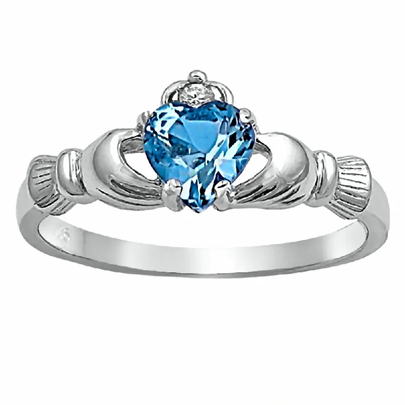 vintage-inspired sapphire ring-Mixed texture ring-Havana: 0.765ct Heart cut Blue Topaz CZ Claddagh Ring Sterling Silver