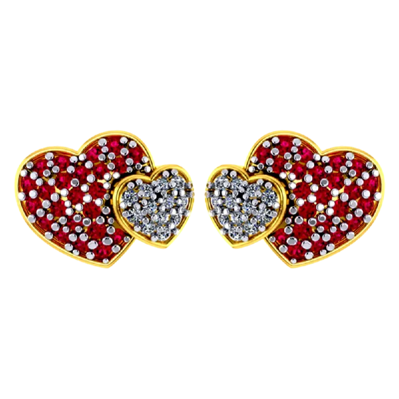 minimalist summit ridge earrings-Peeled bark earrings-Heart-shaped 22k Gold Earrings With American Diamond And Ruby Detailing