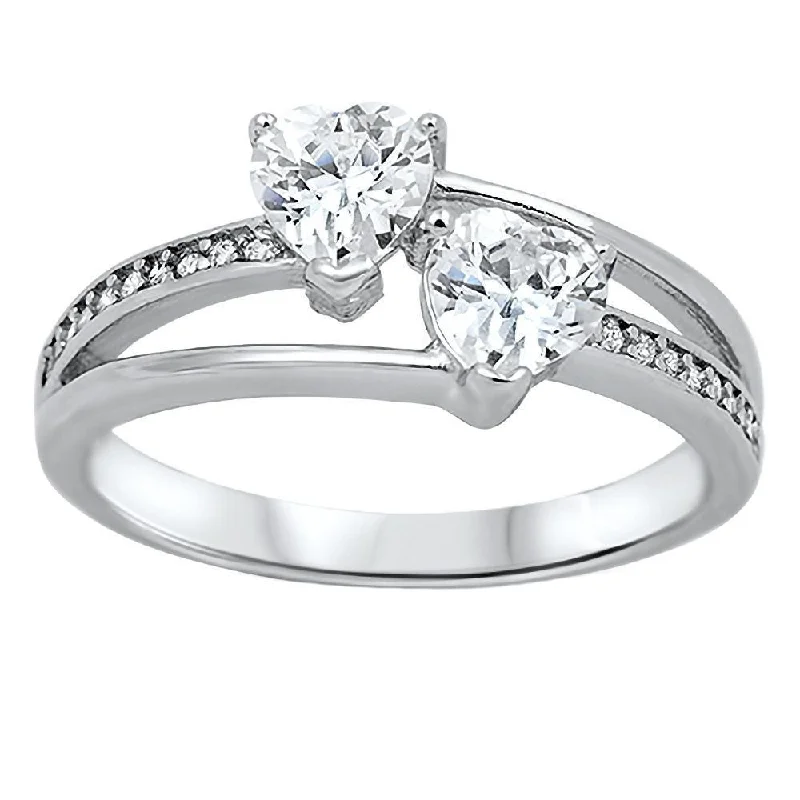 adjustable maple crest ring-Aluminum band ring-Helena: 1.26ct Russian IOF CZ 2 Hearts in Love Split Band Promise Ring