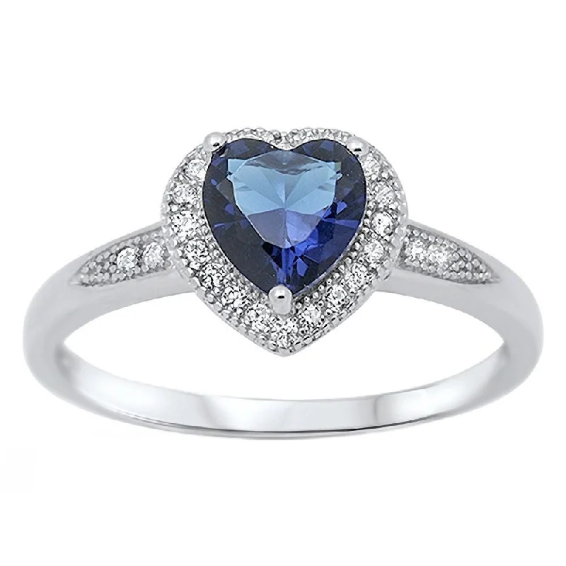 nature-themed ridge crest ring-Fern vine ring-Ida: 0.87ct Heart cut Simulated Sapphire with Round IOF CZ Halo Promise Ring