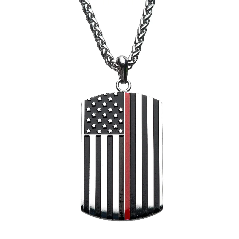 modern prong-set emerald necklace-Vaulted charm necklace-Inox American Flag Dog Tag Pendant with Red Stripe