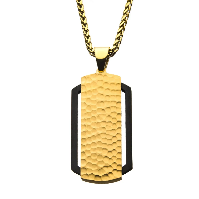 bold heptagonal topaz necklace-Dream set necklace-Inox Hammered Gold-Plated Dog Tag Pendant