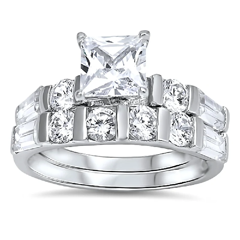 minimalist ridge summit ring-Eddy swirl ring-Kara: Princess Cut Ice on Fire CZ Womens 2pc Wedding Ring Set Sterling Silver