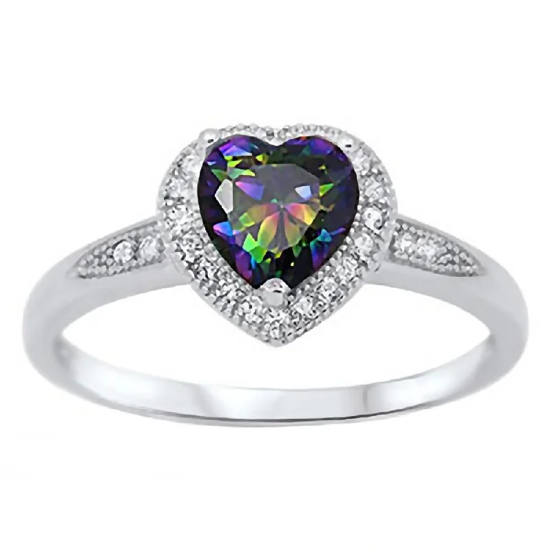 bohemian ridge apex ring-Symbol code ring-Kattia: 0.87ct Heart cut Mystic Rainbow Topaz with Round CZ Halo Promise Ring