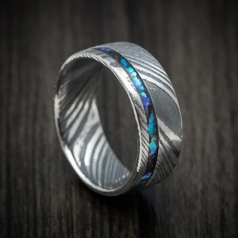 modern arched band ring-Shale shard ring-Kuro Damascus Steel and Abalone Inlay Custom Men's Ring