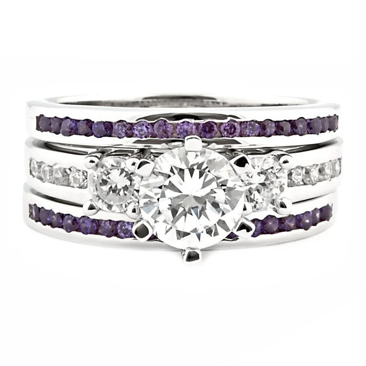 floral eternity topaz ring-Speck stripe ring-Lakoda 3AT: Stunning 1.58c IOF CZ and Amethyst 3 Pc Wedding Ring Set