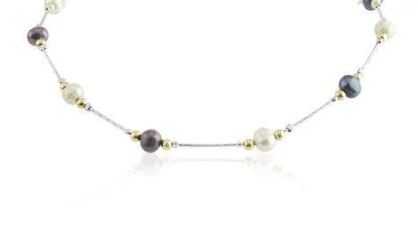 tarnished gold chain necklace-Violet petal necklace-Lavan Gold and Silver Multicoloured Pearl Necklace