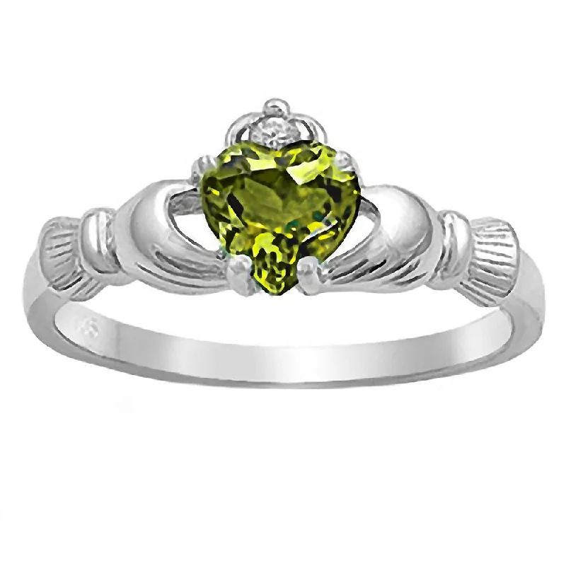 bold opal prong ring-Relic mine ring-Liadan: 0.765ct Heart cut Peridot Ice CZ Claddagh Ring Silver