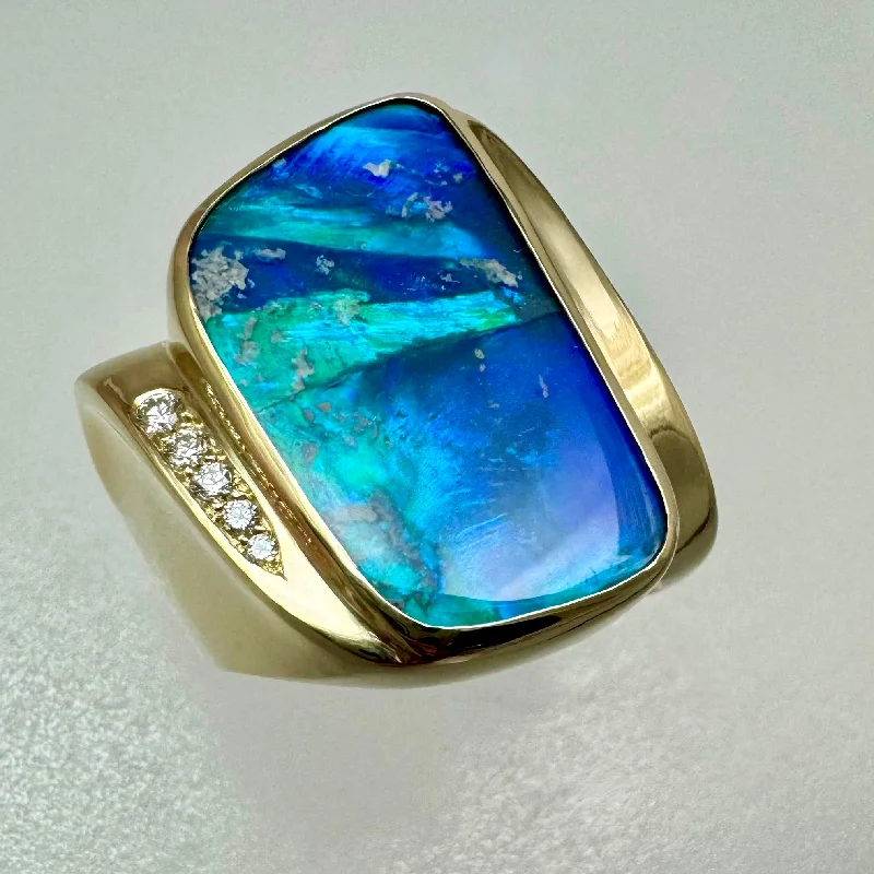 modern layered topaz ring-Split band ring-Lightning Ridge Black Opal Ring