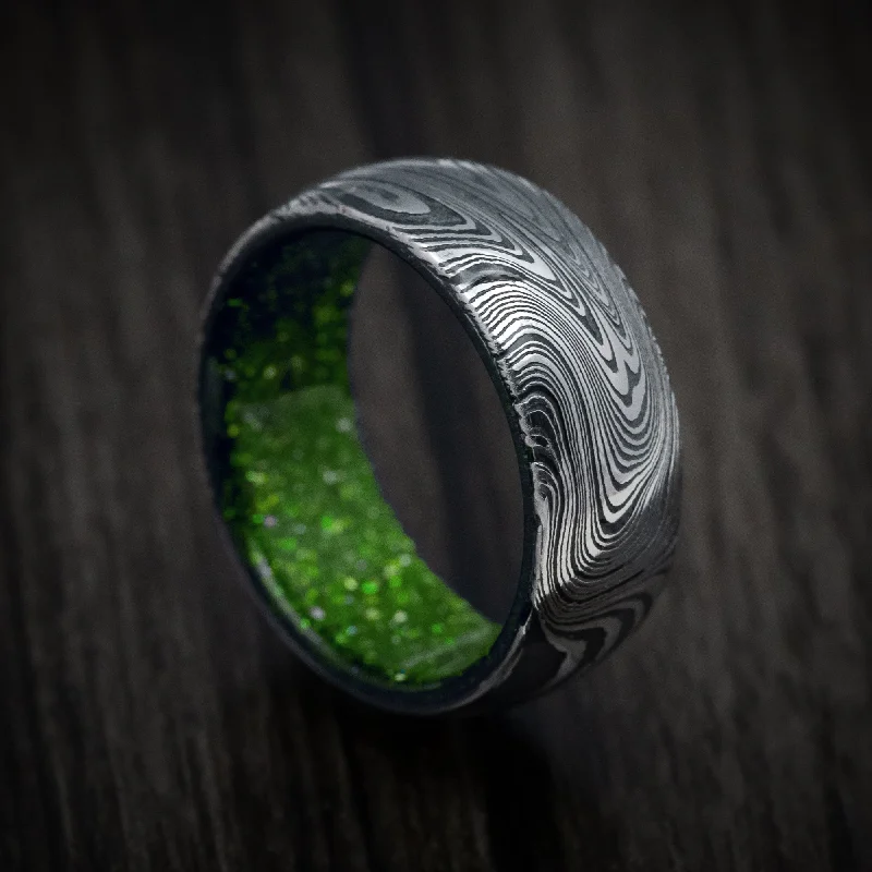 modern stellar diamond ring-Summit stone ring-Marble Kuro Damascus Steel and DiamondCast Sleeve Men's Ring Custom Made