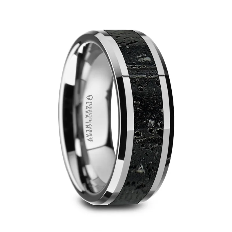 tarnished gold stack ring-Faded edge ring-Men’s Polished Tungsten Wedding Band with Black & Gray Lava Rock Stone Inlay & Polished Beveled Edges