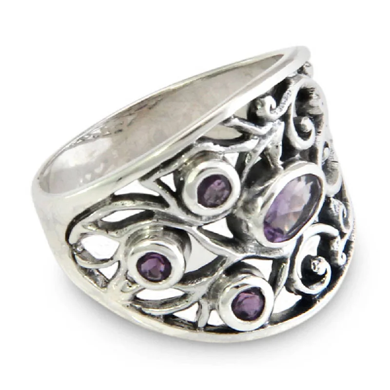 raw peridot statement ring-Rippled shank ring-NOVICA Handmade Sterling Silver 'Tree of Life' Amethyst Ring (Indonesia)