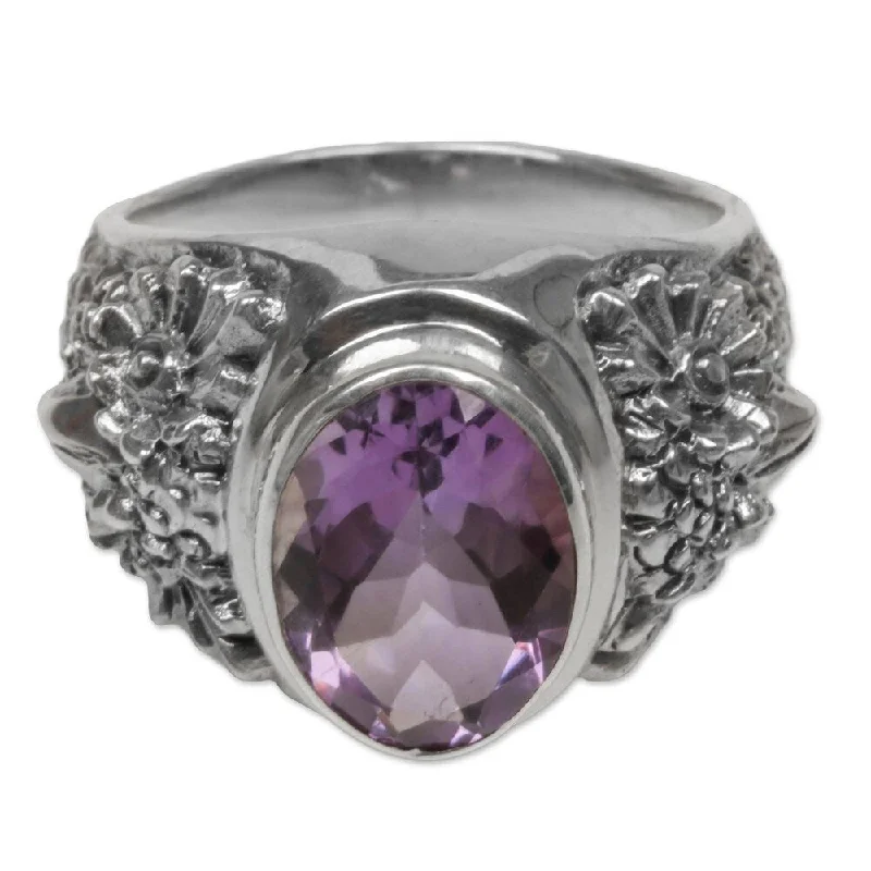 bohemian crest apex ring-Crumbled stone ring-NOVICA Handmade Sterling Silver Worried Owl Amethyst Ring (Indonesia)