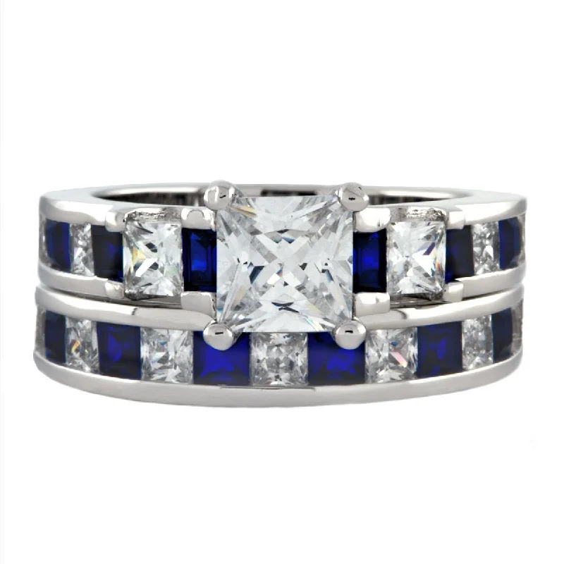 adjustable maple crest ring-Aluminum band ring-Olivia: Glamorous 4.35ct Sapphire and Russian Ice CZ Wedding Ring Set