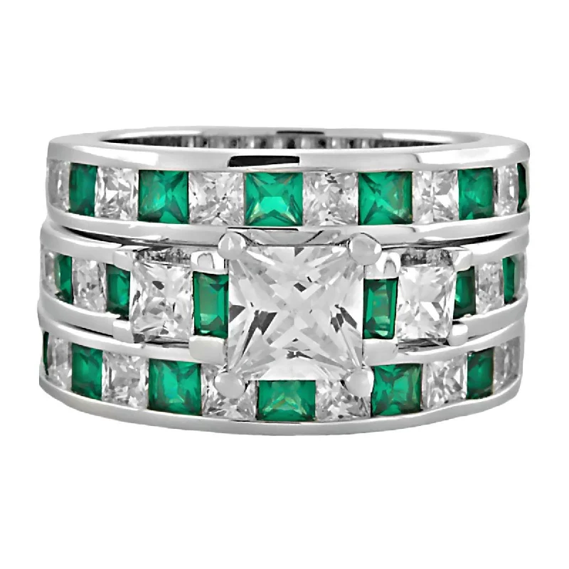 modern layered emerald ring-Linden husk ring-Olympia 3: Stunning 6.56c Emerald Ice Diamond CZ 3 Pc Wedding Ring Set