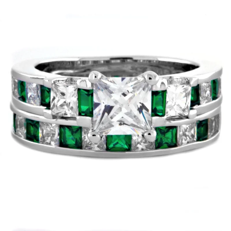 adjustable peak crest ring-Cotton band ring-Olympia: Glamorous 4.35ct Emerald and Russian Ice CZ Wedding Ring Set