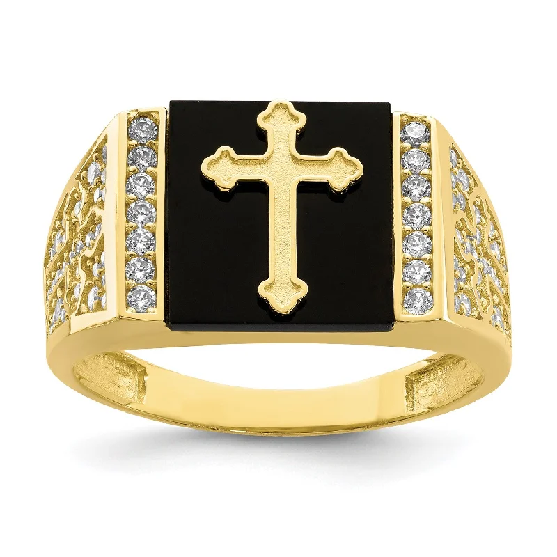 inscribed heritage ring-Paired stone ring-Onyx and Cubic Zirconia Cross Ring in 10KT Yellow Gold; Size 10