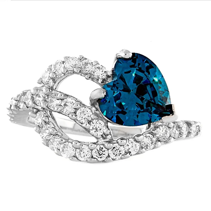 bold chalcedony cluster ring-Indigo zircon ring-Ottavia: 2.9ct Heart-cut Blue Zircon Ice CZ Heart-n-Heart Promise Ring