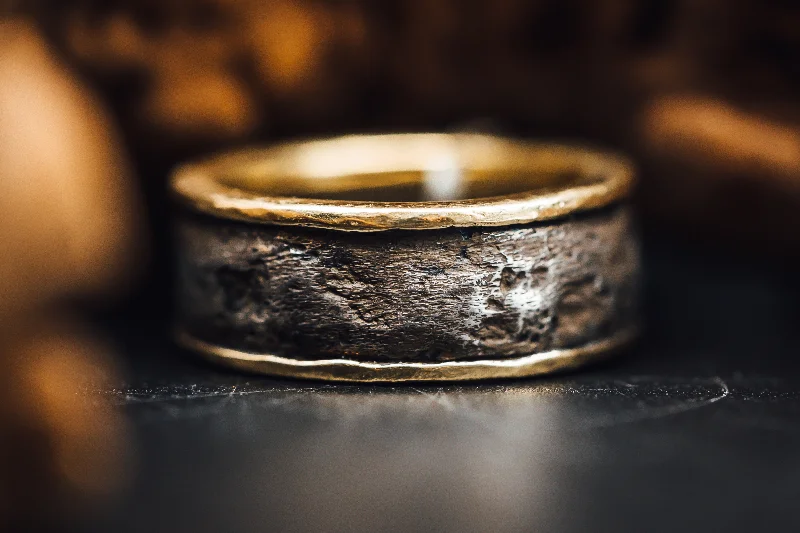 vintage-style peridot ring-Snapped band ring-Oxidized Textured Sterling Silver and 18k Yellow Gold Diamond Men's Band