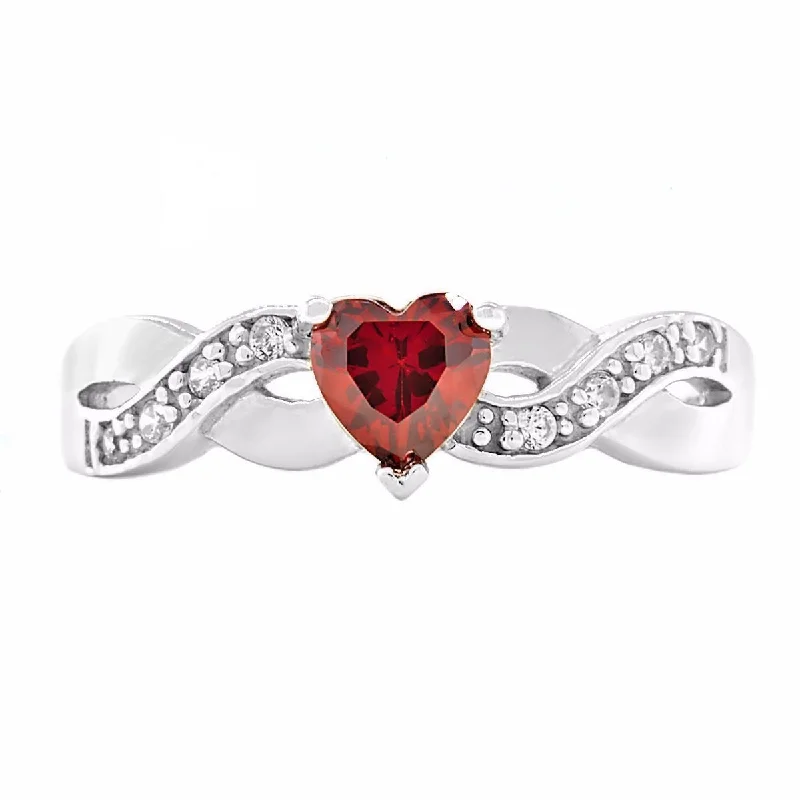 inscribed heritage ring-Paired stone ring-Paiva: 0.6ct Heart-cut Red Fire Garnet Crossover Infinity Promise Ring