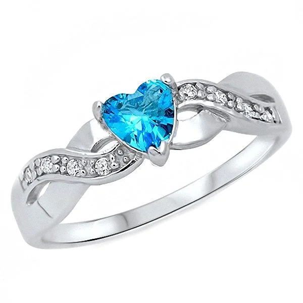 rustic chalcedony inlay ring-Inset band ring-Paki: 0.6ct Heart-cut Blue Topaz CZ Crossover Infinity Promise Ring