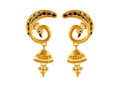 gothic-inspired panther claw earrings-Mist glass earrings-Peacock Shaped 22k Gold Jhumka Earrings With Meenakari Work