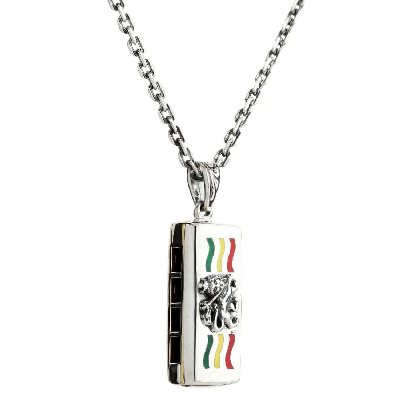 bohemian summit ridge necklace-Arcing chain necklace-Silver Rasta Lion Harmonica Pendant Necklace