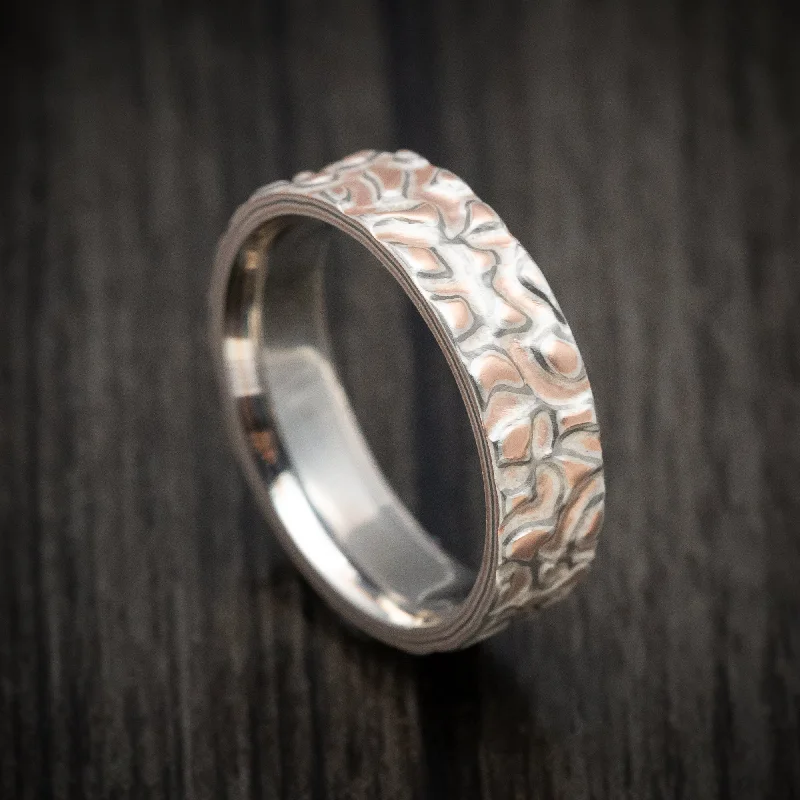 floral-inspired turquoise ring-Rippled band ring-White Gold, Silver and Rose Gold Mokume Gane Custom Made Men's Ring