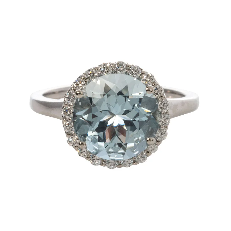 adjustable crest summit ring-Spruce needle ring-Round Aquamarine & Diamond Halo 14K White Gold Ring