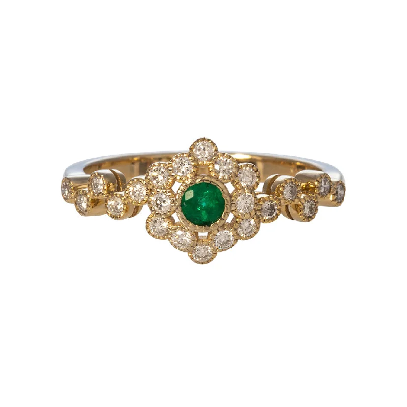 adjustable blaze ring-Sculpted cut ring-Round Emerald & Diamond Bezel Set 14K Yellow Gold Ring