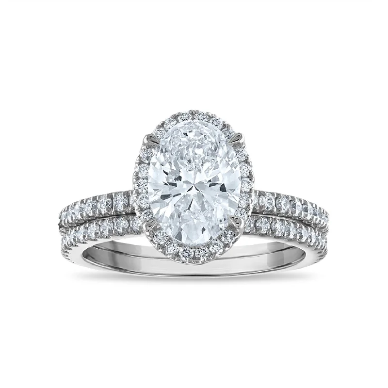 bold topaz summit apex ring-Aged finish ring-Signature EcoLove Diamond Dreams 2-3/4 CTW Lab Grown Diamond Halo Oval Shaped Bridal Set in 14KT White Gold