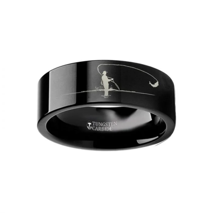 modern prong-set emerald ring-Vaulted band ring-Hunting Landscape Scene Fly Fishing Fishermen Fish Ring Engraved Flat Black Tungsten Ring