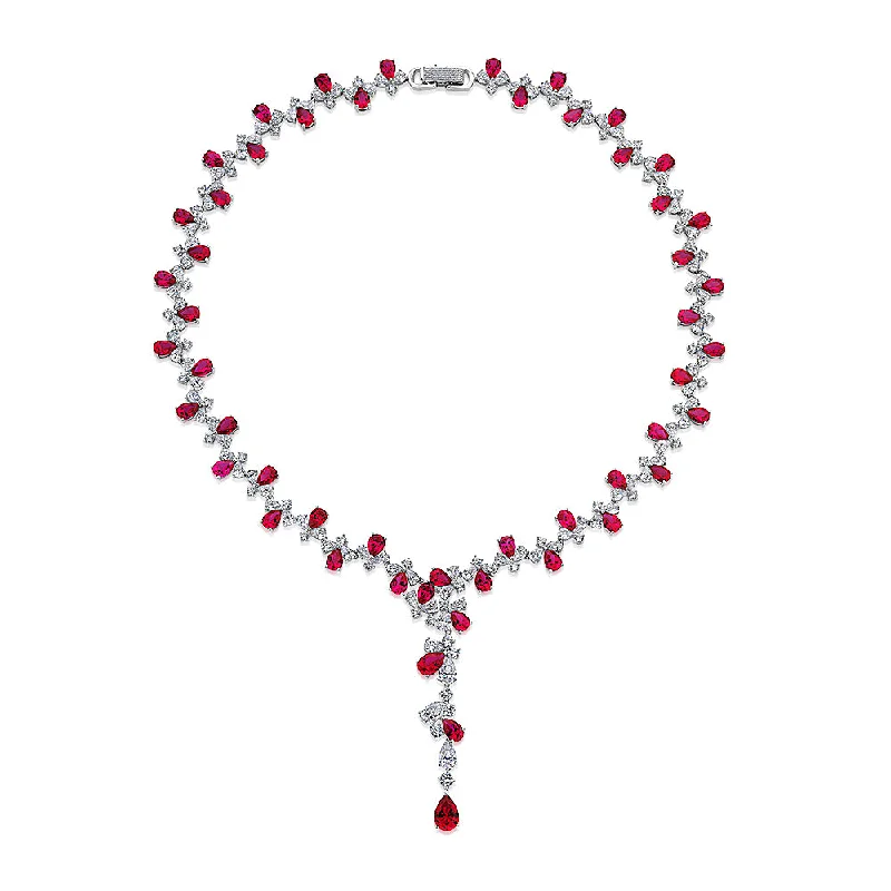 modern sleek stellar necklace-Meadow grass necklace-Statement necklace with ruby simulants and 32.71 carats* of diamond simulants in sterling silver