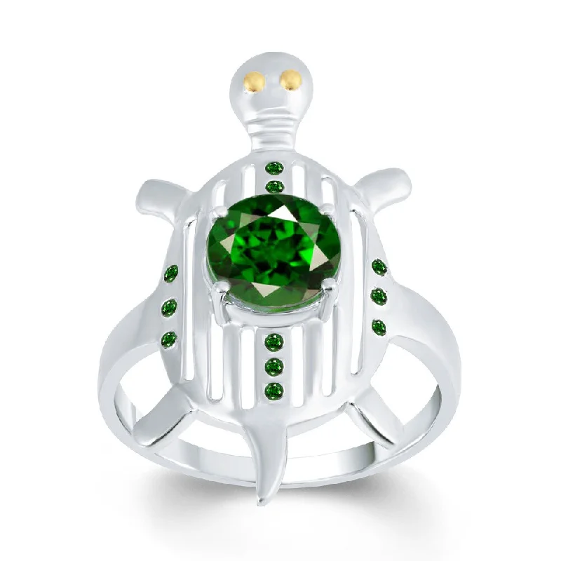 raw peridot statement ring-Rippled shank ring-Sterling Silver 1.25ct Created Emerald and Green Diamond Turtle Ring