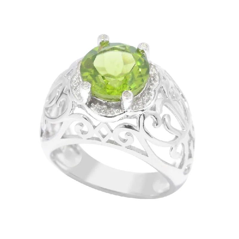 vintage-style citrine ring-Indented shank ring-Sterling Silver Peridot and White Zircon Scrollwork Ring