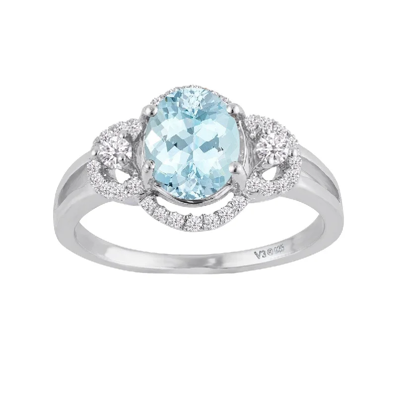 artisan-crafted silver ring-Faint color ring-Sterling Silver with Natural Aquamarine and White Zircon Halo Ring