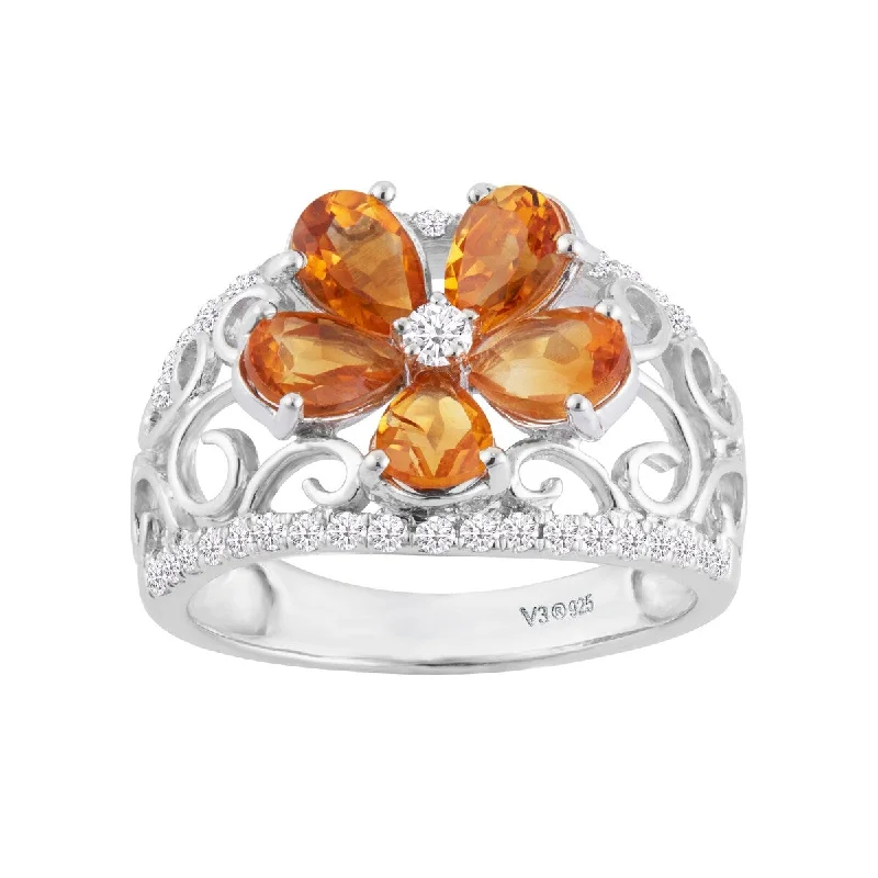 floral eternity topaz ring-Speck stripe ring-Sterling Silver with Natural Citrine and White Zircon Flower Ring