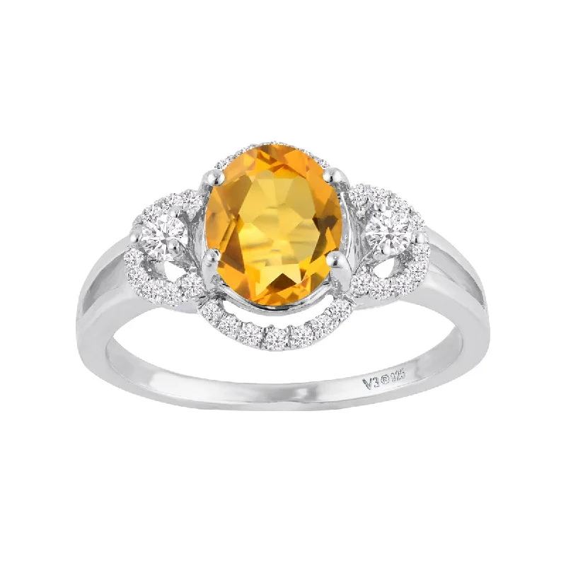 matte silver stellar ring-Satin weave ring-Sterling Silver with Natural Citrine and White Zircon Halo Ring