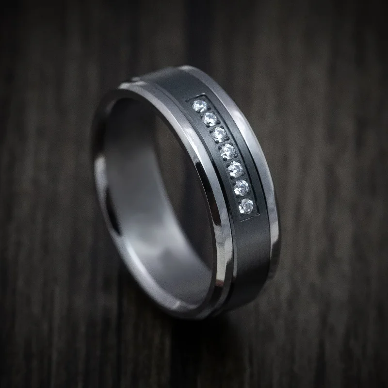 adjustable summit ridge ring-Tulip set ring-Tantalum Band with Black Titanium Inlay and Diamonds Custom Made Men's Ring