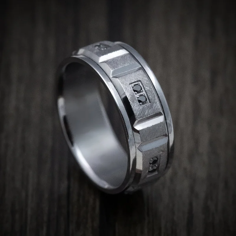 minimalist crest summit ring-Floral print ring-Tantalum Band with Diamonds Custom Made Men's Ring