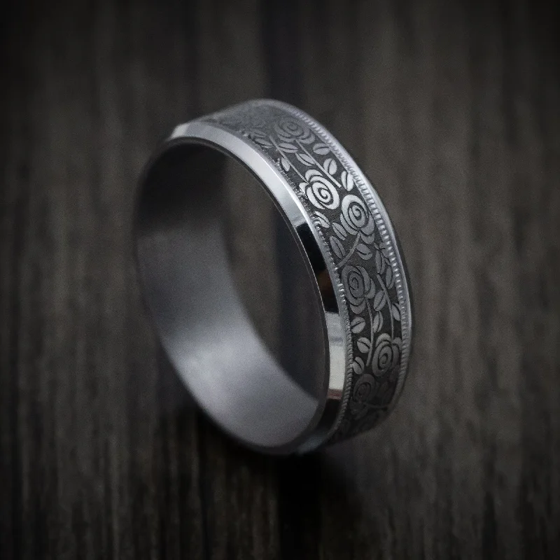 nature-themed summit apex ring-Stream stone ring-Tantalum Band with Floral Design Pattern Custom Made Men's Ring