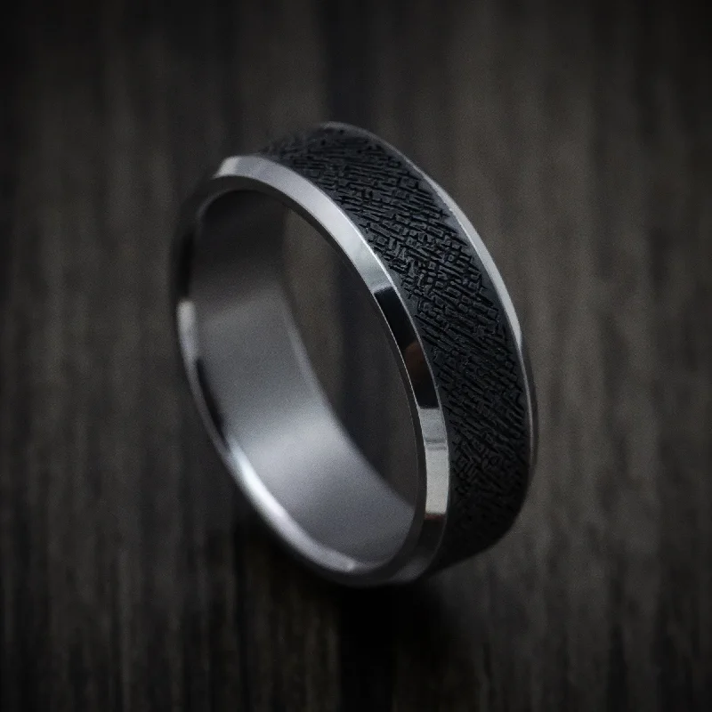 modern layered chalcedony ring-Vedic gold ring-Tantalum Band with Patterned Carbon Fiber Inlay Custom Made Men's Ring