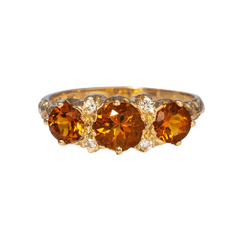 boho-inspired garnet ring-Pear-cut emerald ring-Three Stone Round Citrine & Diamond 14K Yellow Gold Ring