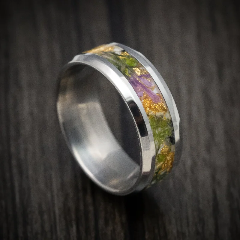 tarnished rose stack ring-Stained wood ring-Titanium Men's Ring with Purple Flowers, Moss and Gold Flake Inlay