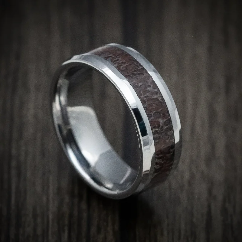 bold ruby summit apex ring-Steel forged ring-Tungsten Men's Ring with Black Dinosaur Bone Inlay