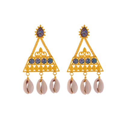 adjustable blaze earrings-Sculpted cut earrings-Unique 22k Gold Triangular Earrings With Cowrie Shells